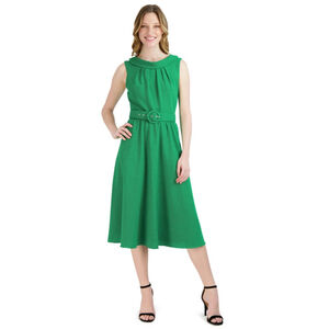 Donna Ricco New York Green Fit & Flare Belted Midi Dress Size 8 Sleeveless Class